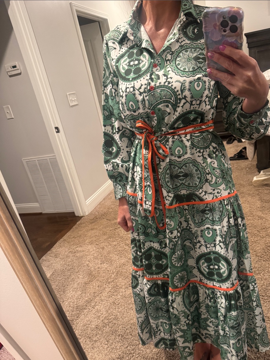 Green Printed Button-Down Maxi Dress With Orange Trim Size Small